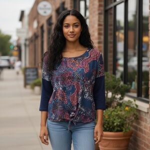 Women's Abstract Paisley Tie Front Mixed Knit Top. NWT